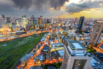 Naklejka premium Osaka, Japan cityscape aerial view in the Umeda District 357