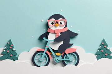 Pastel paper cut, animal paper art for festive Christmas and New year decoration holiday. A playful penguin wearing glasses rides a bike through a winter landscape with trees and snow.