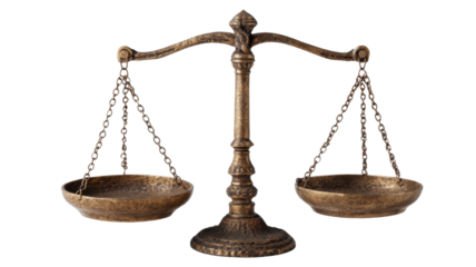 Elegant golden balance scale symbolizing justice law and equality, shiny metal instrument used in legal and financial concepts on white background