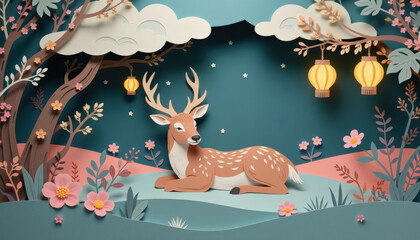 Pastel paper cut, animal paper art for festive Christmas and New year decoration holiday. A serene paper-cut art scene featuring a deer among flowers and lanterns under clouds.