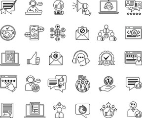 Feedback Icons Set. Vector Illustrations Support, Like, Handshake, Error, Comments, Social Networks, Reviews, Spam, Thumbs Up, Technical Support, Rating, Mail, and Others