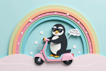 Pastel paper cut, animal paper art for festive Christmas and New year decoration holiday. A penguin on a pink scooter, adorned with sunglasses wishing a Happy New Year, set against a rainbow backdrop.