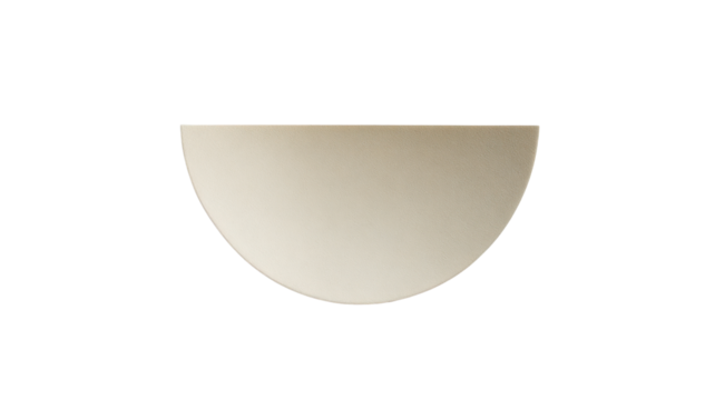 Minimal ceramic wall light fixture in half circle shape, modern interior decoration element for soft ambient illumination on white background
