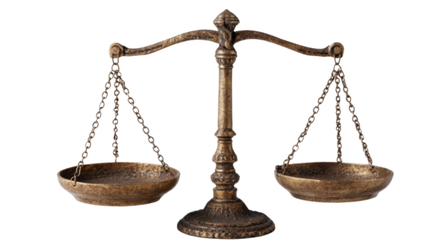 Elegant golden balance scale symbolizing justice law and equality, shiny metal instrument used in legal and financial concepts on white background