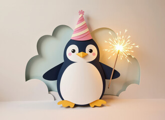 Pastel paper cut, animal paper art for festive Christmas and New year decoration holiday. A cheerful penguin in a party hat holds a sparkler, set against a whimsical cloud backdrop.