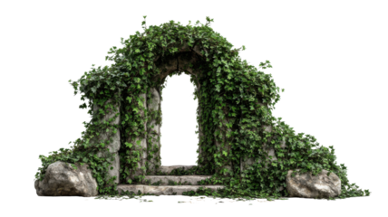 Ancient stone archway overgrown with green ivy and moss, mysterious doorway from old ruins symbolizing nature reclaiming architecture on white background