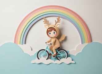 Pastel paper cut, animal paper art for festive Christmas and New year decoration holiday. A whimsical illustration of a child riding a bike with antlers under a colorful rainbow and clouds.
