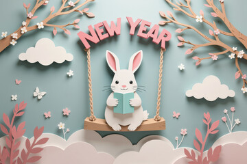Pastel paper cut, animal paper art for festive Christmas and New year decoration holiday. A whimsical rabbit on a swing celebrates the New Year in a colorful, surrounded by flowers and clouds.