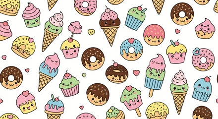 Delightful kawaii ice cream cones, donuts, and cupcakes create a vibrant, playful pattern perfect for sweet treats and cheerful designs