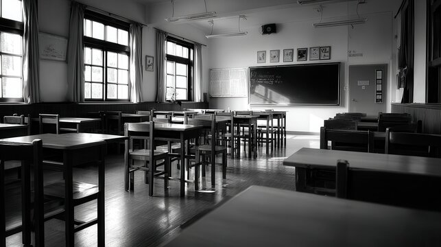A High Resolution image of empty classroom with desks and chairs, black and white.