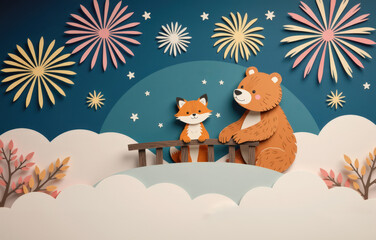 Pastel paper cut, animal paper art for festive Christmas and New year decoration holiday. Whimsical paper art featuring a fox and bear under colorful fireworks against a night sky backdrop.
