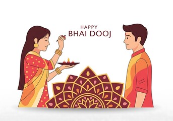 Bhai Dooj Minimalist Illustration Depicting Sister Applying Tilak to Brother Surrounded by Simple Mandala Patterns Warm Maroon Gold Tones Modern Vector Style Symbolizing Sibling Bond Festive Harmony