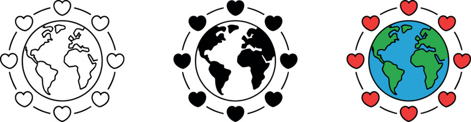 Global love and unity concept three earth models with encircling hearts graphic