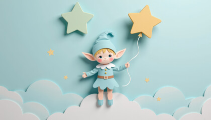 Pastel paper cut, animal paper art for festive Christmas and New year decoration holiday. A whimsical elf holds a balloon among clouds and stars, set against a soft blue background.