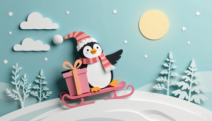 Pastel paper cut, animal paper art for festive Christmas and New year decoration holiday. A cheerful penguin on a sled with gifts, set against a winter backdrop of trees and clouds under a bright sun.