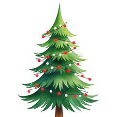 A close-up of a green Christmas tree decorated with red and white balls.