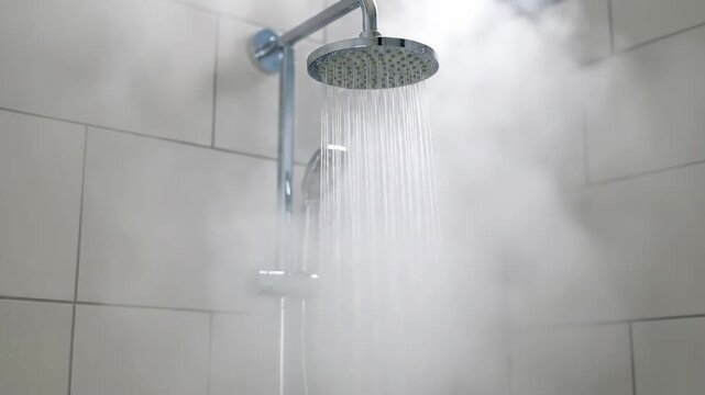 Modern Shower with Flowing Water and Steam - This video shows a modern chrome shower head with water flowing. Steam rises around the shower head and water, indicating the water is hot.