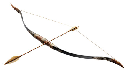 Traditional wooden bow and arrow with ornate details symbolizing archery, hunting, precision, and medieval craftsmanship concept on white background