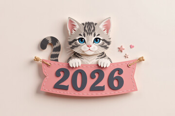 Pastel paper cut, animal paper art for festive Christmas and New year decoration holiday. A cute illustration of a cat holding a banner with the year 2026, featuring soft colors.