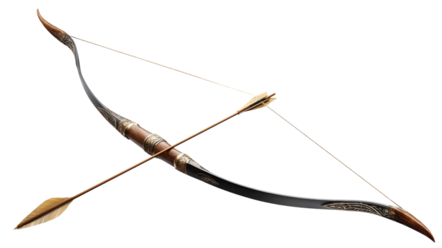 Traditional wooden bow and arrow with ornate details symbolizing archery, hunting, precision, and medieval craftsmanship concept on white background