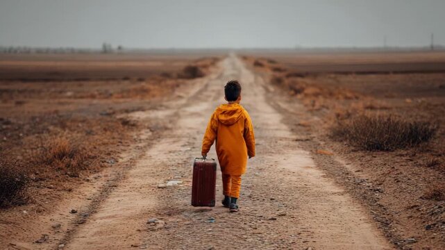 A child in a bright coat walks alone with a suitcase on a quiet road under gray skies