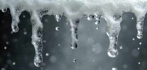 Clear water drops fall from thick white melting foam. Liquid hangs from surface, forming dynamic abstract shapes. Clean shiny drops against blurred dark background show fresh movement. Focus on wet
