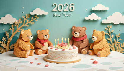 Pastel paper cut, animal paper art for festive Christmas and New year decoration holiday. Four cheerful bears celebrate New Year 2026 with a festive cake under a whimsical sky and decorative elements.