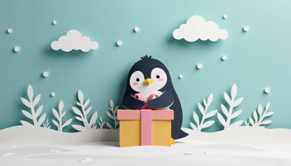 Pastel paper cut, animal paper art for festive Christmas and New year decoration holiday. A cute penguin character holding a colorful gift box in a winter-themed paper cutout scene.