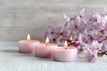 Soft Pink Candles and Cherry Blossoms Create a Serene Ambiance in a Simple Indoor Setting