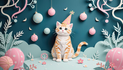 Pastel paper cut, animal paper art for festive Christmas and New year decoration holiday. Whimsical paper cat wearing a party hat with colorful ornaments in a playful, festive setting.