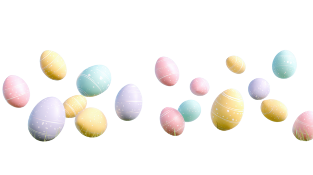 Pastel colored Easter eggs with decorative patterns, festive spring holiday celebration symbol of joy, renewal, and tradition on white background