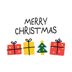 Simple Merry Christmas Greeting with Gifts and Tree on White Background