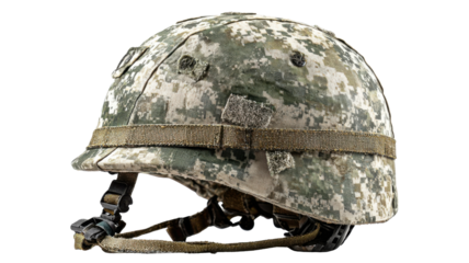 Camouflage military helmet with digital pattern and chin strap, tactical army protective gear for soldier equipment concept on white background