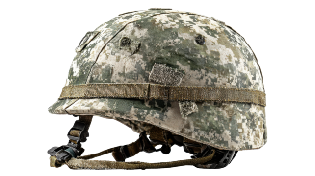 Camouflage military helmet with digital pattern and chin strap, tactical army protective gear for soldier equipment concept on white background