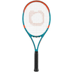 Vibrant tennis racquet featuring a modern design with teal and orange accents and white string bed isolated on transparent background