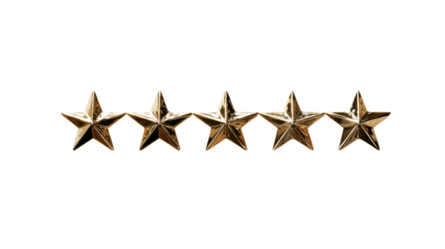 Five shining golden stars representing success, excellence, and top quality achievement, elegant symbol of rating and reward on white background