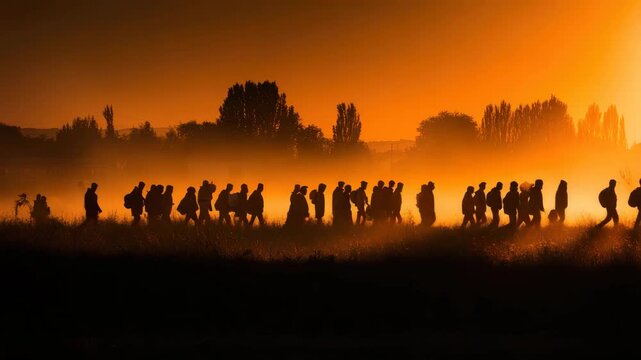A large group of individuals walks together through a misty field during sunset