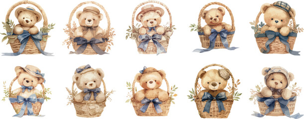 Watercolor Teddy Bears in Baskets Clipart
