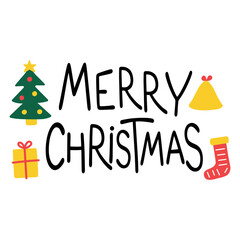 Simple Merry Christmas Greeting with Gifts and Tree on White Background