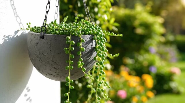 String of Pearls Plant in Hanging Planter - A string of pearls plant (Senecio rowleyanus) cascades from a gray, textured hanging planter outdoors.