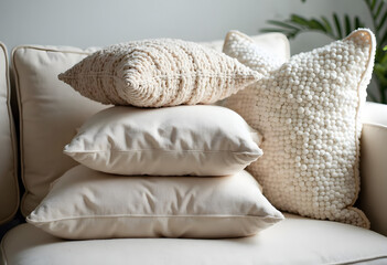 Cozy Decorative Pillows on Neutral Sofa for Home Design Inspiration, Interior Decorating Blogs, Housewarming Gifts, and Relaxation Spaces