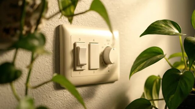Wall Switch Box with Houseplants - A close-up shot showcases a wall-mounted switch box featuring toggle switches and a dimmer knob, surrounded by vibrant green houseplants.