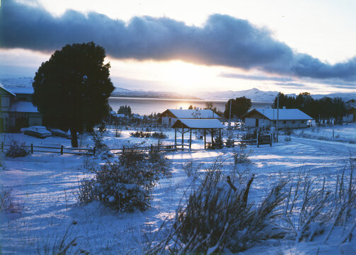 Argentina, Bariloche, San Carlos de Bariloche, Rio Negro province, Lake Nahuel Huapi, sunset, Nevada City