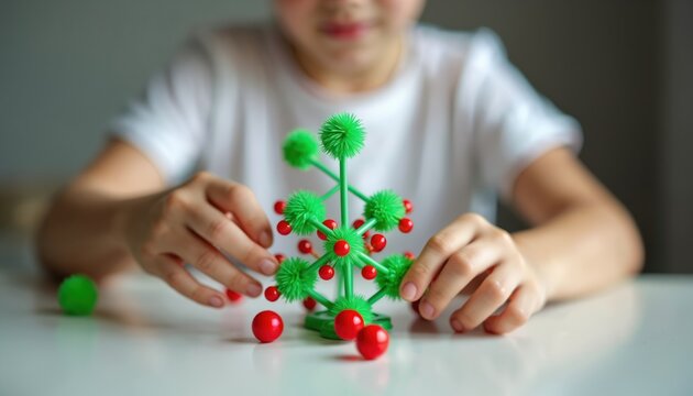 Child builds molecule model with colorful balls and sticks. Youngster explores chemistry concepts, learns atomic structure, and develops STEM skills through educational play and construction.