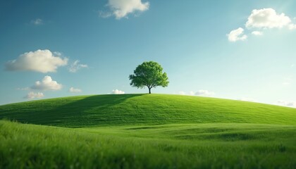 Green grassy hill with lone tree under bright blue sky with scattered clouds. Peaceful natural landscape, rolling meadow with soft light. Serene countryside scene, quiet open space.