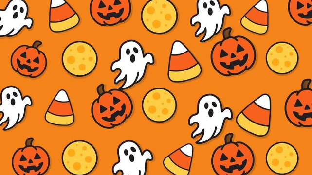 Halloween doodle with ghosts, pumpkins, moons, candy corn on black. Perfect for festive backgrounds, greeting cards, or party decorations.
