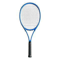 A striking blue tennis racket with a black grip presented in a clean professional studio shot isolated on transparent background