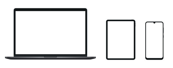 Device screen mockup. Smartphone, tablet and laptop with white screen for you design. Realistic models, mockup collection, Vector 