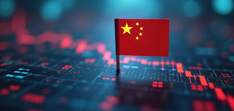 Small Chinese flag stands on digital data grid. Red and blue lights indicate market trends and financial charts. Economic analysis displays stock prices, trading activity, and economic performance.