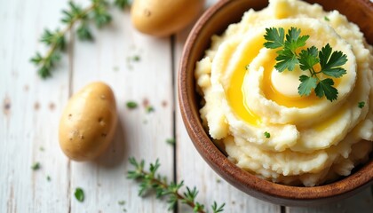 Fresh homemade mashed potatoes fill rustic wooden bowl. Pat of butter melts on top, garnished with green parsley. Raw potatoes, aromatic herbs lay on white wooden table. Cozy dish perfect for